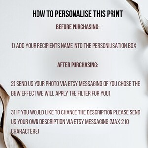 May include: Text on a light background reads "HOW TO PERSONALISE THIS PRINT." Instructions are provided for personalizing a print, including adding a recipient's name and sending a photo via Etsy messaging. The text also mentions a maximum character limit.