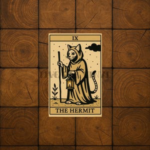Può includere: Una carta dei tarocchi raffigurante un gatto vestito da eremita, con una lanterna e un bastone. La carta è etichettata "IX" in alto e "THE HERMIT" in basso. Il gatto indossa un abito con cappuccio, con una nuvola nera sullo sfondo.