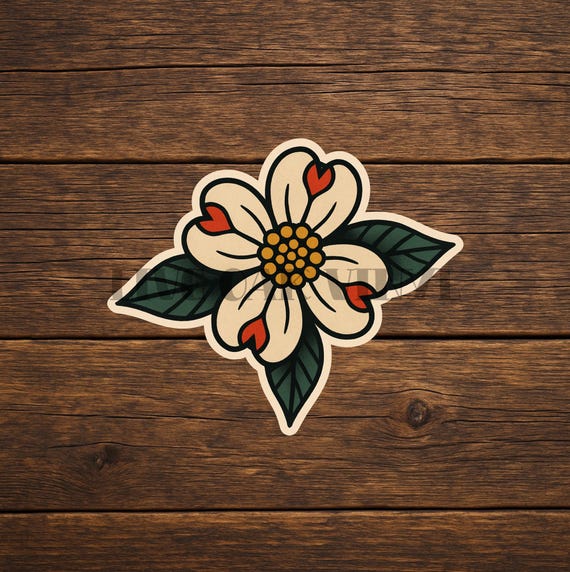 Dogwood Blossom Tattoo Sticker: American Traditional Tattoo Style Vinyl Decal
