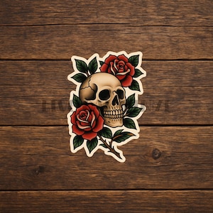 Skull & Roses Tattoo Vinyl Sticker: American Traditional Style