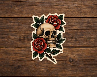 May include: A sticker depicting a skull with two red roses and green leaves. The skull is beige with dark eye sockets and a detailed jawline. The roses are a vibrant red, and the leaves are green. The sticker has a white border.