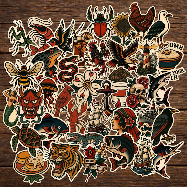 American Traditional Tattoo Vinyl Decal Sticker Bundle: Unique Designs