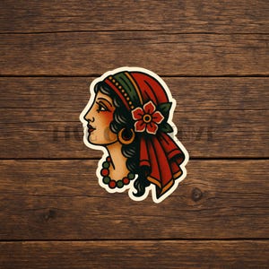 Romani Woman Tattoo Sticker: American Traditional Tattoo Style Vinyl Decal
