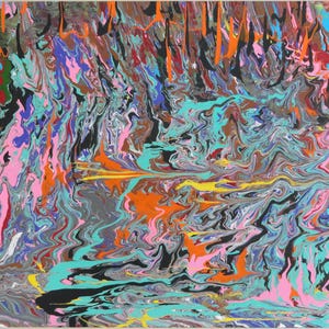 May include: Abstract painting with swirling patterns in shades of blue, green, pink, orange, and black.