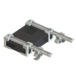 May include: Isometric view of a mechanical device with a dark grey rectangular component held in place by a light grey frame. The frame has multiple arms and supports, with a complex design.