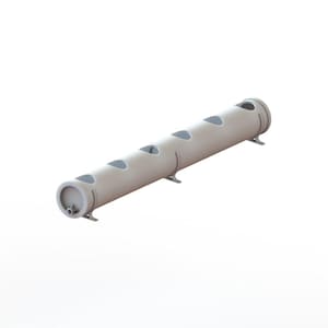 May include: A light grey, cylindrical planter with multiple openings along its length. The planter has a series of evenly spaced, teardrop-shaped openings for planting. It is supported by small, curved feet, and has a circular end cap.