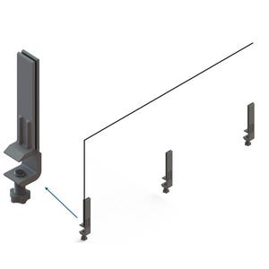 May include: A set of gray metal desk accessories, including a large clamp-on bracket and three smaller clamps. The large bracket has a vertical support and a screw-on clamp base. The smaller clamps have a similar design.