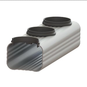 Pode incluir: Uma seção de um tubo retangular corrugado com três aberturas circulares cinza escuro. O tubo é cinza claro e tem um exterior canelado. As aberturas são espaçadas uniformemente ao longo da parte superior do tubo.