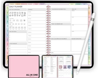 May include: A digital planner app interface with a pink and white color scheme. The app features a daily planner, a schedule, a to-do list, and a notes section. The app also includes a calendar, a meal log, and a section for tracking challenges and gratitude. The text "ALL IN ONE DIGITAL PLANNER" is at the top of the screen.