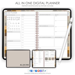 Puede incluir: Un planificador digital con un esquema de color marrón y beige. El planificador incluye secciones para tareas diarias, objetivos, registros de comidas y notas. El planificador está diseñado para su uso en una tableta o computadora.