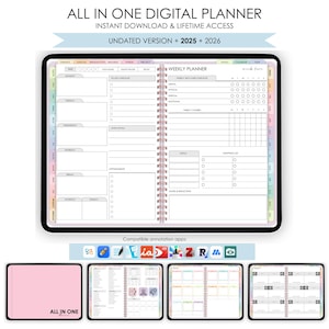 May include: A digital planner with a pink and white color scheme. The planner includes a weekly planner, a to-do list, and a habit tracker. The planner is compatible with several annotation apps, including GoodNotes, Notability, and ZoomNotes. The planner is undated and can be used for 2025 and 2026.