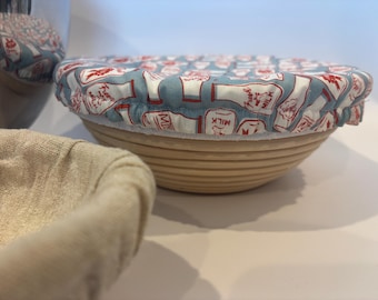 Reusable Fabric Bowl Cover – Milk Bottle Print, Food-Safe PUL Lining - Sourdough Cover