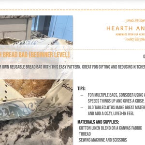 Puede incluir: Una bolsa de pan de masa madre reutilizable hecha de tela de mezcla de algodón y lino. La bolsa presenta un estampado floral y el texto "Sourdough Bread Bag (Beginner Level)". La imagen también incluye el texto "Hearth and Hem".
