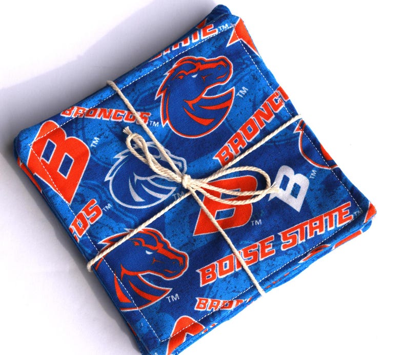 Coaster made with Boise State University fabric