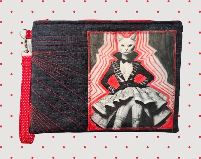 Featured listing image: Hand Colored Fashion Cat Zipper Bag/Wristlet #2: Large