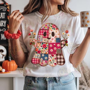 Patchwork Blommigt Spöke PNG, Quiltad Halloween Sublimeringsdesign (Digital Nedladdning)