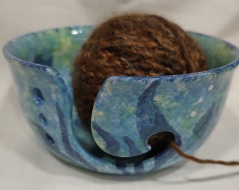 Hand Painted Ceramic Yarn Bowl, Knitting Crochet Bowl, Large 7"