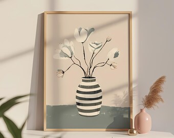 May include: A framed art print featuring a vase with white and gray flowers. The vase has black and white horizontal stripes. The background is a soft pink with a green stripe at the bottom. A small pink vase and gold accent are on the right.