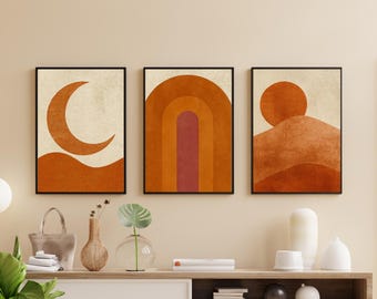 Boho Terrakotta Väggkonst Set: Sol, Måne, Båge Tryck (Digital Nedladdning)