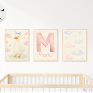 Silly Goose Nursery Art Set: Pink Watercolor Prints, Custom Name Poster (Digital Download