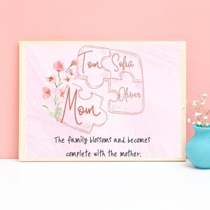 Personalized Mom Puzzle Print with Custom Names and Floral Design - Mothers Day Wall Art with Quote - Unique Gift for Mom Decor