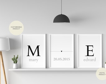 Custom Couple Wall Art Set - Personalized Initials, Date & Names - Black and White Romantic Decor