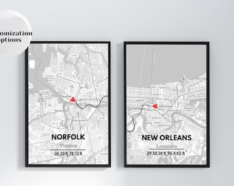 Personalized Map Art for 1 Year Anniversary, Custom City Map Print, Long Distance Relationship Gift, Heart Location United States Map