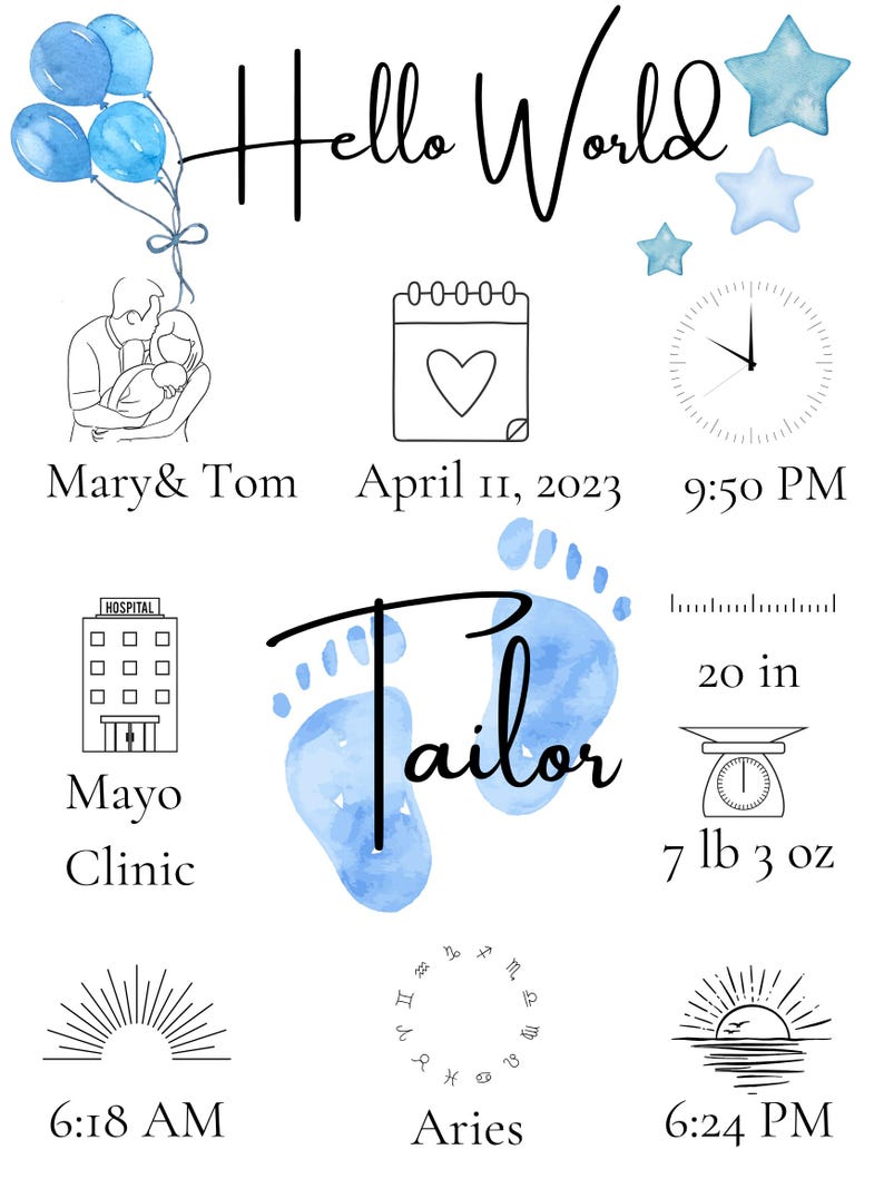 Newborn Birth Print – Baby Stats Poster – Hello World Sign – Custom ...