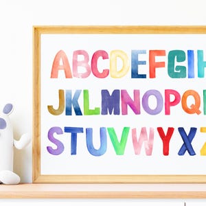 Arte mural personalizado con el alfabeto en acuarela para niños, póster ABC personalizado para guardería o aula, decoración con nombre imprimible para aprender el ABC