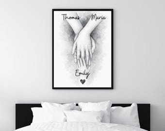 Above bed decor – personalized grayscale hand illustration for modern families, custom names for parents & child, minimalist wall art