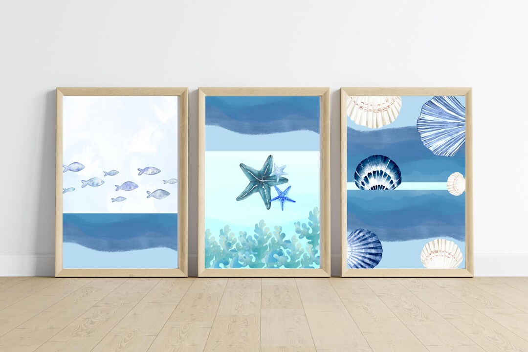 Triptych Oyster Wall Art Set, Shell Watercolor Art, Starfish and Ocean ...