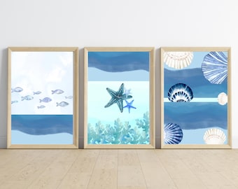 Oyster Watercolor Art Prints: Nautical Beachy Triptych (Digital Download)
