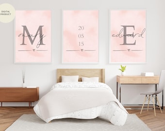 Personalized Couple Wall Art Trio - Custom Names, Initials & Special Date - Romantic Wedding or Anniversary Gift Decor