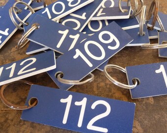 Vintage blue motel key with white number and key ring