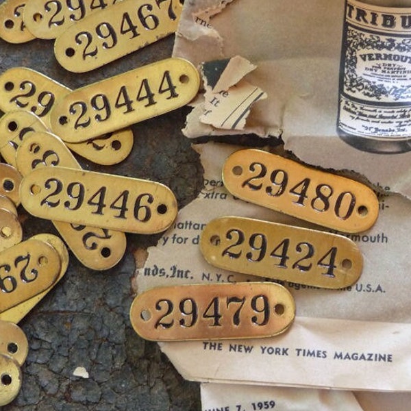 BRASS TAGS | 3 Vintage Numbered Tags | Oval 2-Hole Metal Tags | Locker ID Tags