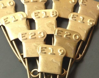 6- Vintage Laundry Pins Brass Embossed Letter w/ Numbered Marker Pin Tags