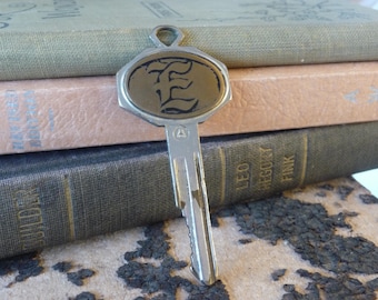 Vintage Fancy Flat House Key with Gothic or Old English Font Letter E