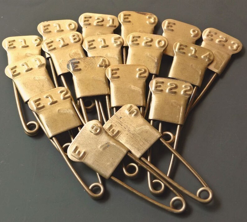 One dozen Vintage Military Pins Brass Embossed 1-24 Numbered Pins Marker Key Tag Pins image 2