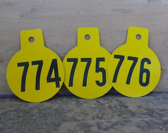 3 Vintage Metal Numbered Round Golden Yellow cow tags