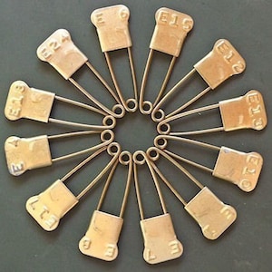 One dozen Vintage Military Pins, Brass Embossed 1-24 Numbered Marker Key Tag Pins