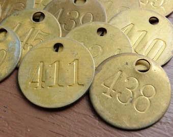 Three (3) SmALL Brass ROUND Primitive Rustic Shabby Numbered Tags Vintage Patina Charm Finding Number