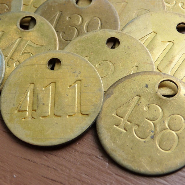 Three (3) SmALL Brass ROUND Primitive Rustic Shabby Numbered Tags Vintage Patina Charm Finding Number