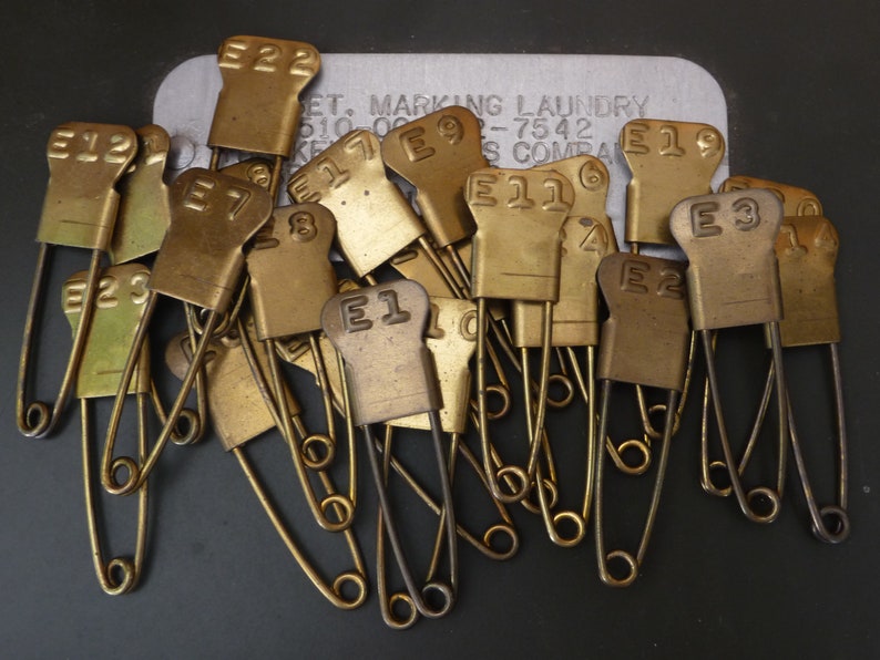 One dozen Vintage Military Pins Brass Embossed 1-24 Numbered Pins Marker Key Tag Pins image 3