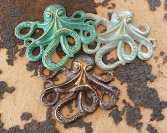 Hand patina brass octopus focal stamping, diy jewelry component, black, verdigris, light white wash