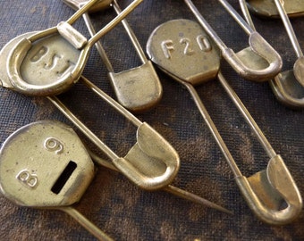 6- Vintage Laundry Pins Rare Brass Embossed Numbers on Marker Vintage Key Tag Safety Pins