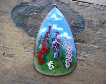 Vintage enamel pendant, floral design, foxglove flowers