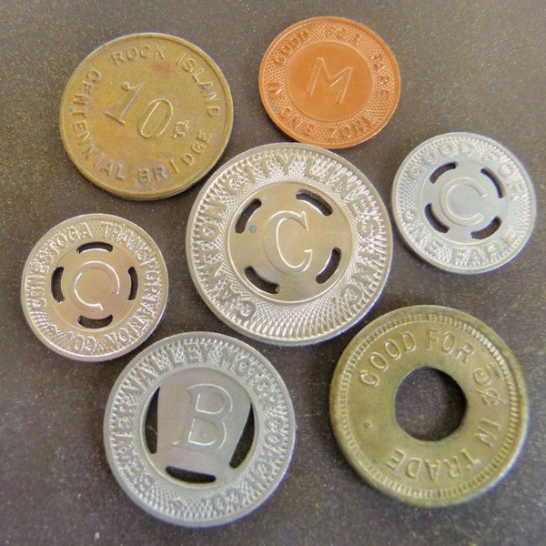 Vintage TOKENS, Mass Transit Tokens, Train, Trolly, El, Bus, Bridge, Subway, Cash Fare