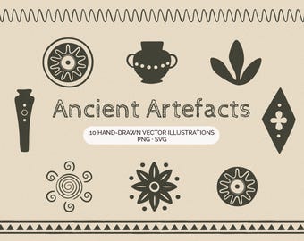 Conjunto de imágenes prediseñadas de artefactos antiguos: 10 elementos ornamentales dibujados a mano (SVG + PNG)