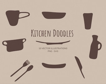 Kitchen Doodles Clipart-Set: 10 handgezeichnete Illustrationen zum Kochen (SVG + PNG)