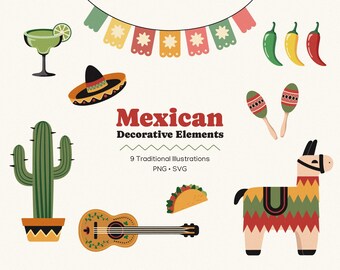 Conjunto de imágenes prediseñadas de elementos decorativos mexicanos: 9 ilustraciones dibujadas a mano (SVG + PNG)